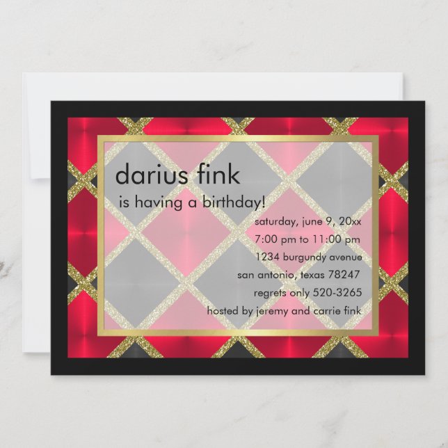 Red Black Guld Födelsedagsfest inbjudan (Framsida)