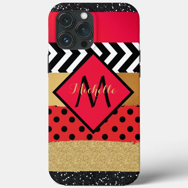 Red Black Guld Glitter Push Stroke Monogrammed (Baksida)