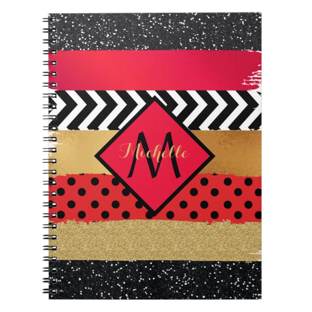 Red Black Guld Glitter Push Stroke Monogrammed Anteckningsbok (Framsidan)