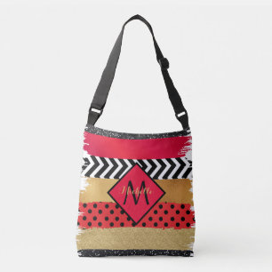 Red Black Guld Glitter Push Stroke Monogrammed Axelväska