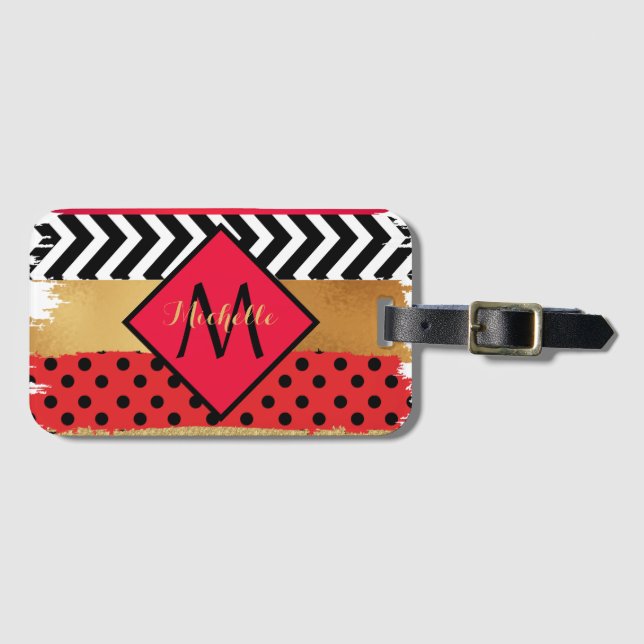 Red Black Guld Glitter Push Stroke Monogrammed Bagagebricka (Framsida horisontal)