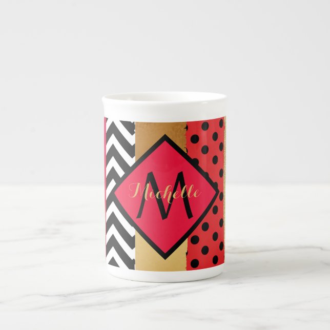 Red Black Guld Glitter Push Stroke Monogrammed Benporslin Mugg (Framsidan)