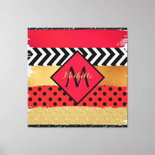 Red Black Guld Glitter Push Stroke Monogrammed Canvastryck