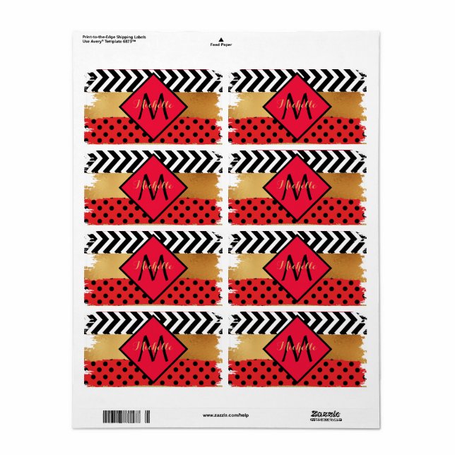 Red Black Guld Glitter Push Stroke Monogrammed Fraktsedel (Helt Ark)