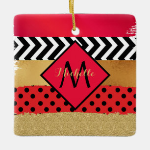 Red Black Guld Glitter Push Stroke Monogrammed Julgransprydnad Keramik