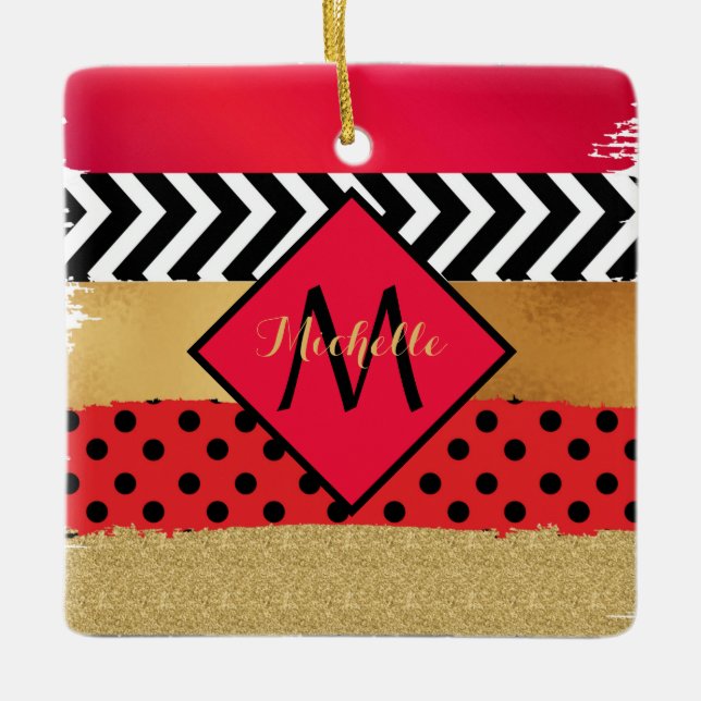 Red Black Guld Glitter Push Stroke Monogrammed Julgransprydnad Keramik (Framsida)