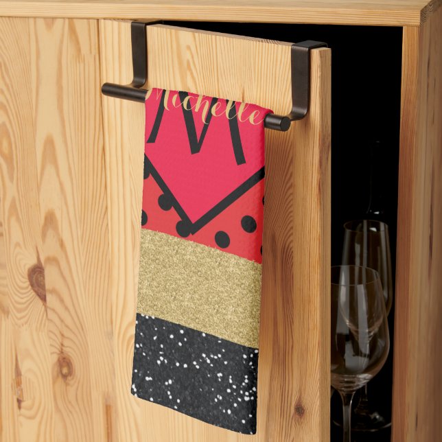 Red Black Guld Glitter Push Stroke Monogrammed Kökshandduk (Thirds Fold)