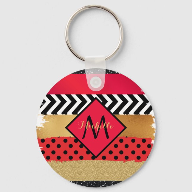 Red Black Guld Glitter Push Stroke Monogrammed Nyckelring (Framsida)