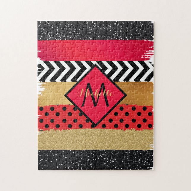Red Black Guld Glitter Push Stroke Monogrammed Pussel (Vertikal)