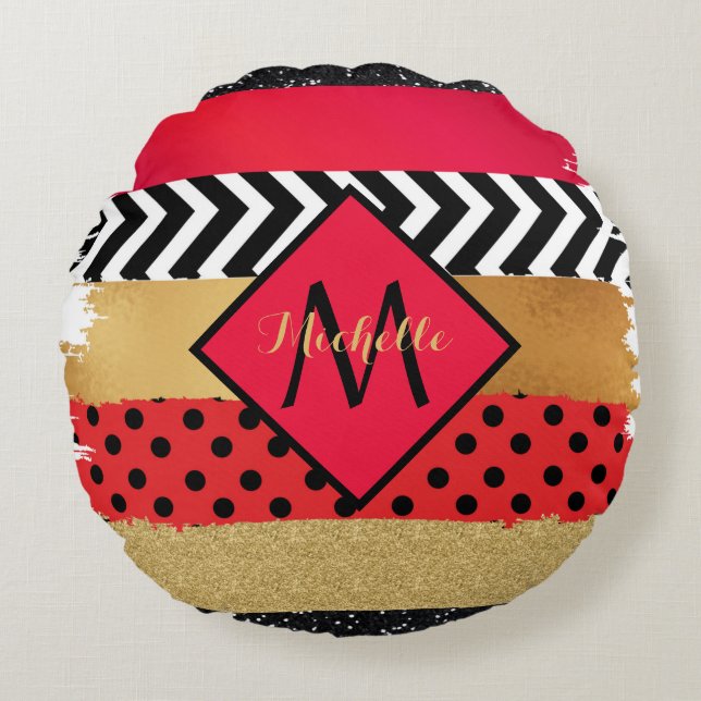 Red Black Guld Glitter Push Stroke Monogrammed Rund Kudde (Framsidan)