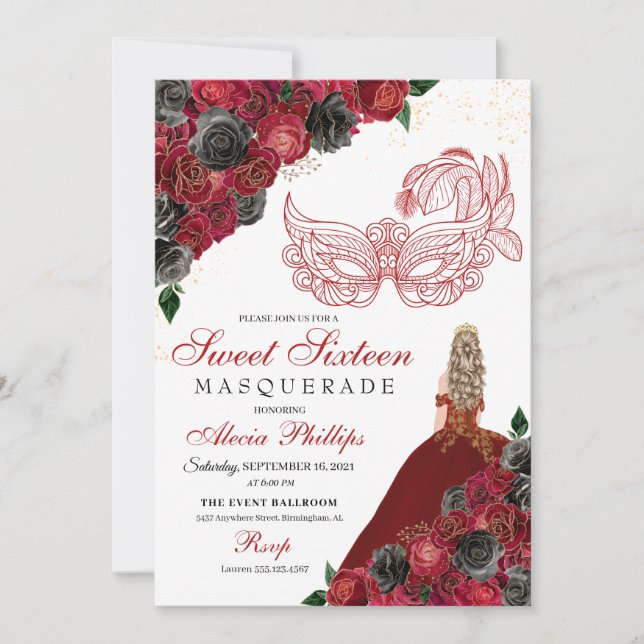 Red Black Guld Glitter Sweet 16 maskerad Inbjudningar (Framsida)