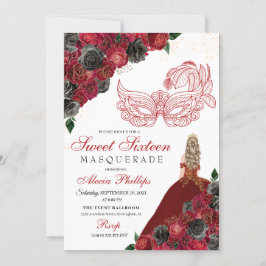 Red Black Guld Glitter Sweet 16 maskerad Inbjudningar
