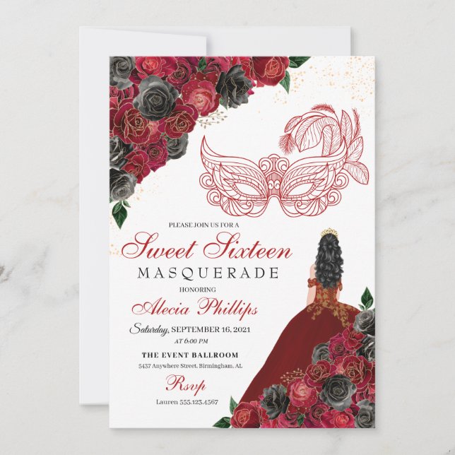 Red Black Guld Glitter Sweet 16 maskerad Inbjudningar (Framsida)