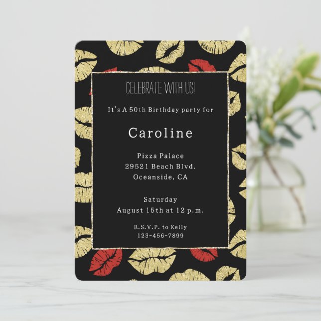 Red Black Guld Läppar 50:e födelsedagen Inbjudningar (Stående Fram)