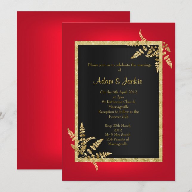 RED BLACK GULD löv ELEGANT CLASSY BRÖLLOP Inbjudningar (Fram/baksida)