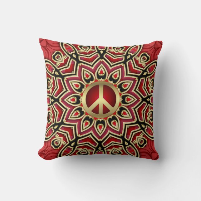 Red Black Guld Peace Geometric Batik Cushion Kudde (Framsida)