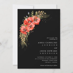Red Black Guld Poppy Flowers QR-kod Photo Bröllop Inbjudningar
