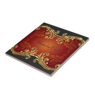 Red Black & Guld Tones Vintage Swirls 2-Monogram Kakelplatta