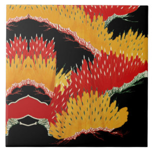 RED BLACK GULT ABSTRAKT JAPANESE BLOMMIGT KAKELPLATTA