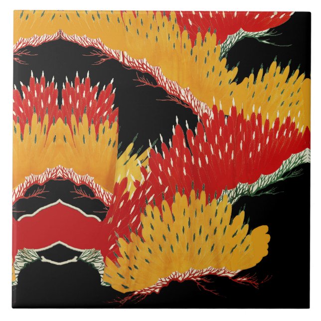 RED BLACK GULT ABSTRAKT JAPANESE BLOMMIGT KAKELPLATTA (Framsidan)