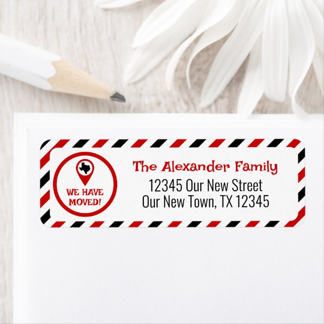 Red & Black har Flyttat strimlad Flytta Returadress Etikett (Insitu)