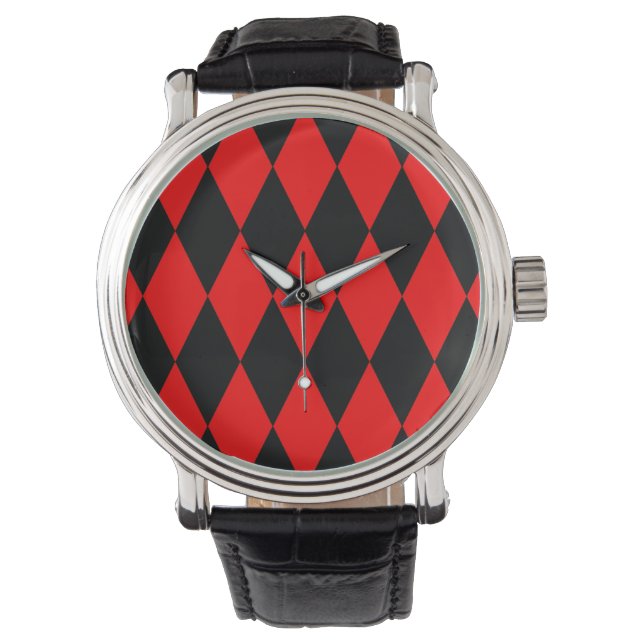 Red Black Harlequin Diamonds Checkers Design  Armbandsur (Framsida)