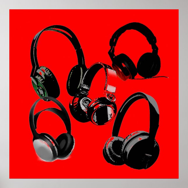Red Black Headphone Silhouettes Pop Art Poster (Framsidan)