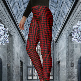 Red & Black Houndstooth Check Mönster Leggings