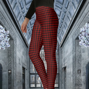 Red & Black Houndstooth Check Mönster Leggings