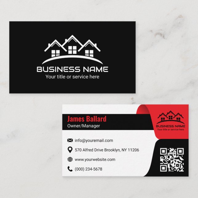 Red Black House Roof Logo Real Estate Visitkort (Fram/baksida)