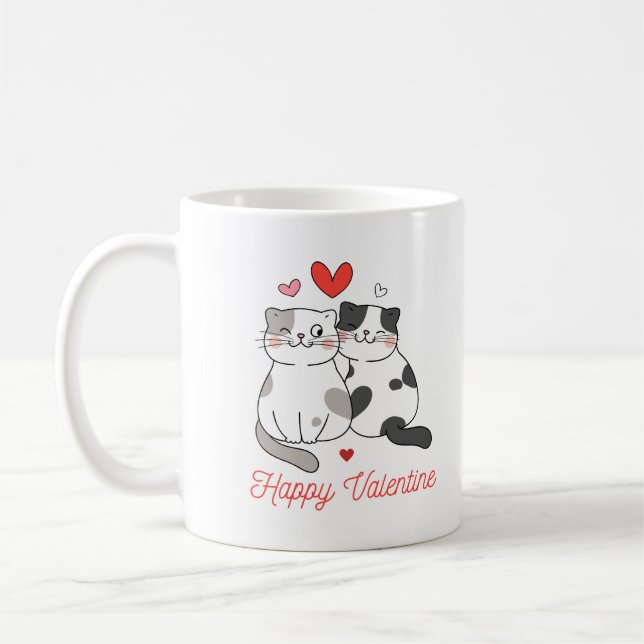 Red Black Illustrated Cute Cats Lycklig Valentine Kaffemugg (Vänster)