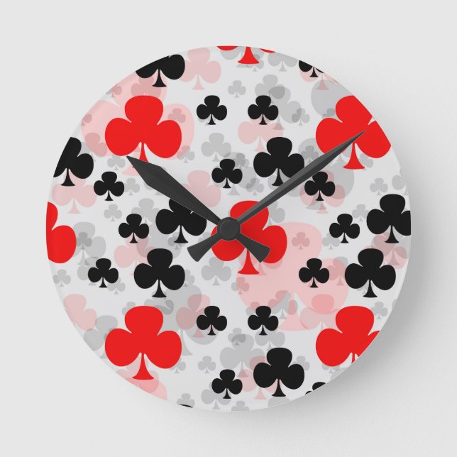 Red Black Klöver Klubb Abstrakt Mönster Design Rund Klocka (Framsida)
