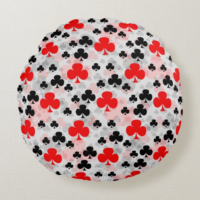Red Black Klöver Klubb Abstrakt Mönster Design Rund Kudde (Framsidan)