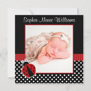 Red Black Ladybug Photo Birth Announcement Meddelande