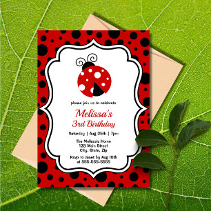 Red Black Ladybug Ram Polka dots Barns födelsedag Inbjudningar