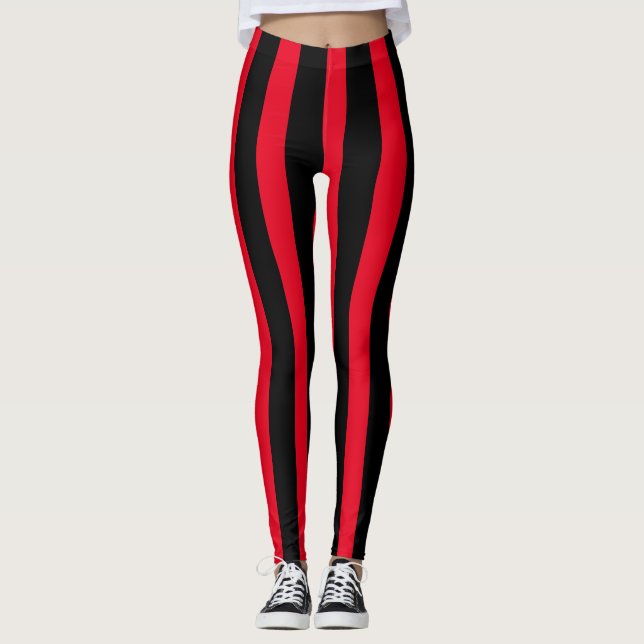 Red & Black Lodrät Rand Halloween Costume Leggings (Framsida)