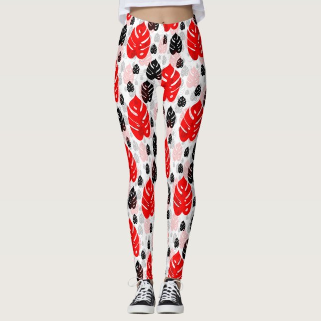 Red Black Löv Illustration Mönster Design Leggings (Framsida)