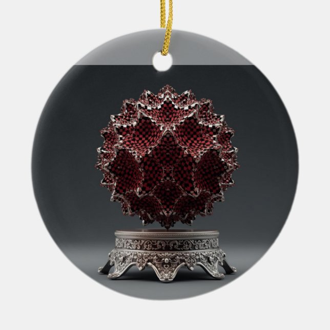 Red & Black Mandelbrot Sphere On Silver Pedestal Julgransprydnad Keramik (Framsidan)