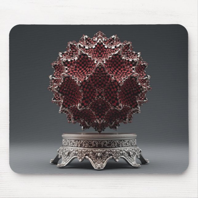Red & Black Mandelbrot Sphere On Silver Pedestal Musmatta (Framsidan)