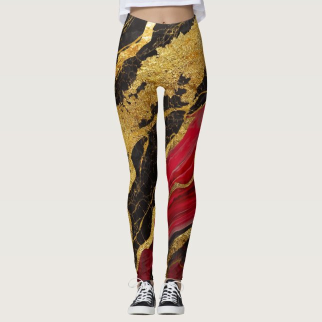 Red Black Marble Mönster med Guld Leggings (Framsida)