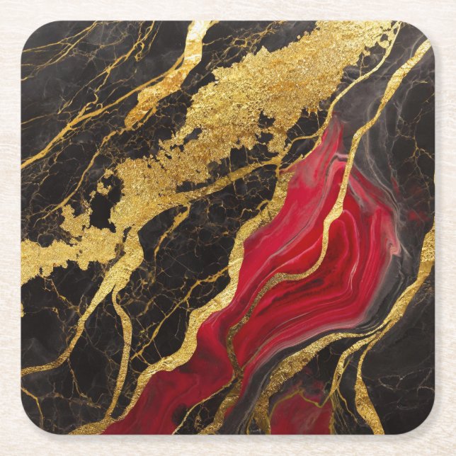 Red Black Marble Mönster med Guld Underlägg Papper Kvadrat (Framsidan)