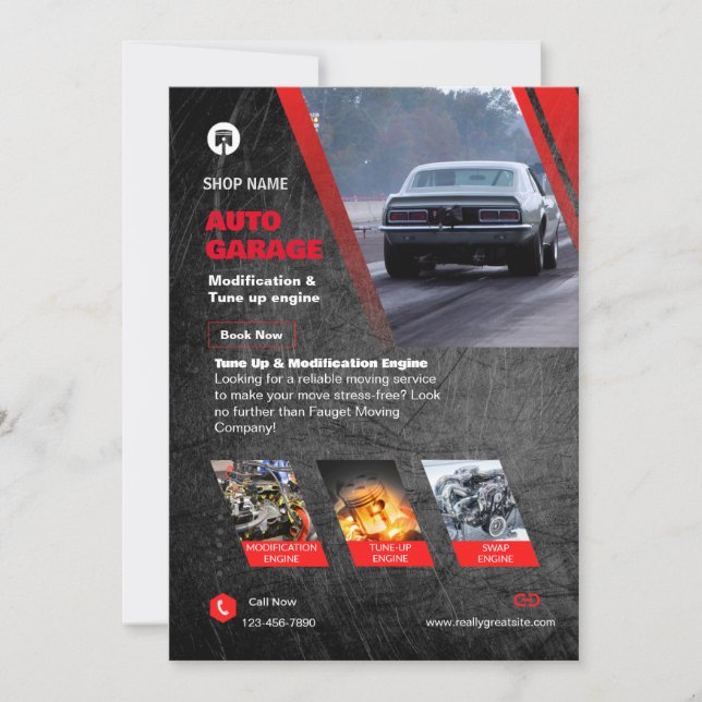 Red & Black Modern Auto Garage Flyer Inbjudningar (Framsida)