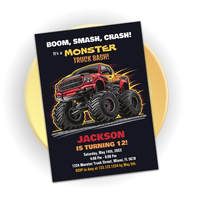 Red Black Monster Lastbil Birthday-inbjudningar Inbjudningar (Red Black Monster Truck Birthday Invitations)
