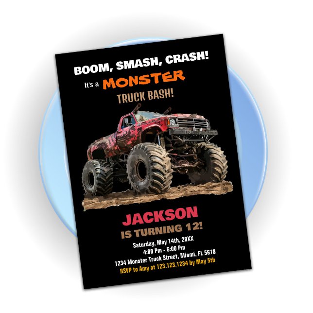 Red Black Monster Lastbil Birthday-inbjudningar Inbjudningar (Red Black Monster Truck Birthday Invitations
)