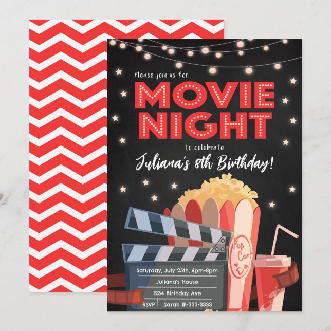 Red Black Movie Natt Birthday-inbjudan Inbjudningar (Fram/baksida)