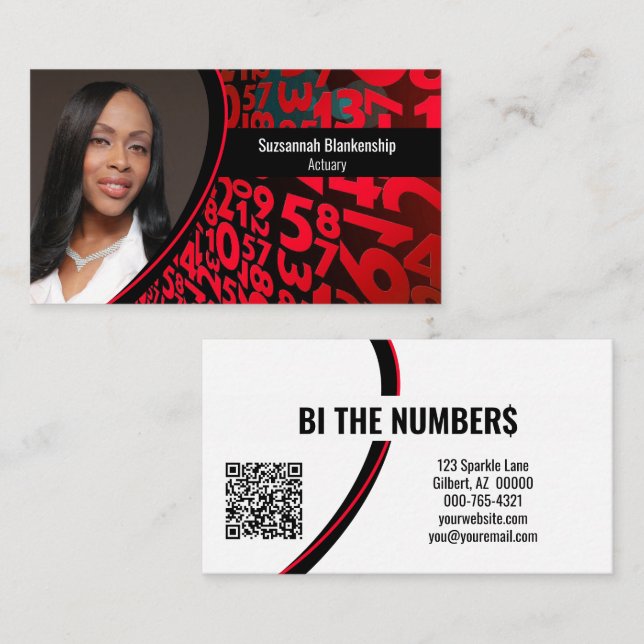 Red Black Numbers Anpassningsbar Photo QR-kod Visitkort (Fram/baksida)