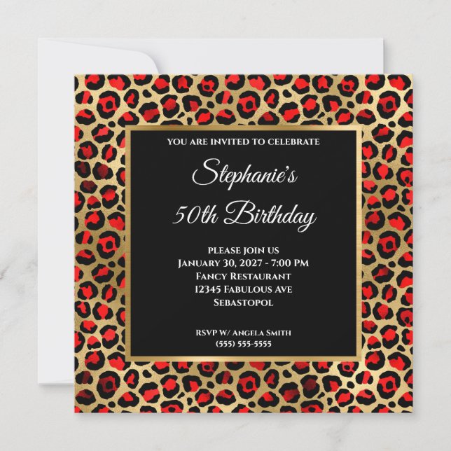 Red Black och Guld Leopard Glam 50:e födelsedagen Inbjudningar (Framsida)