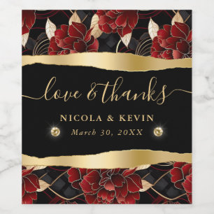 Red Black och Guld Marble Blommigt Bröllop Vinflaska Etikett