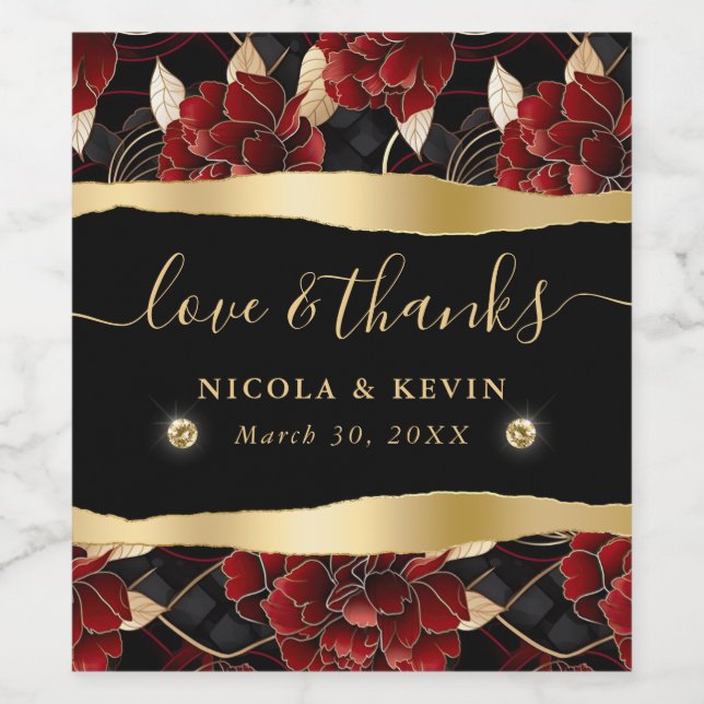 Red Black och Guld Marble Blommigt Bröllop Vinflaska Etikett (Singel etikett)