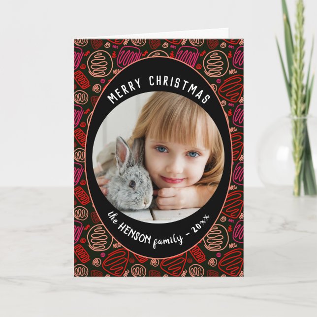 Red Black One line konst julfamilj Photo Holi Helgkort (Framsida)
